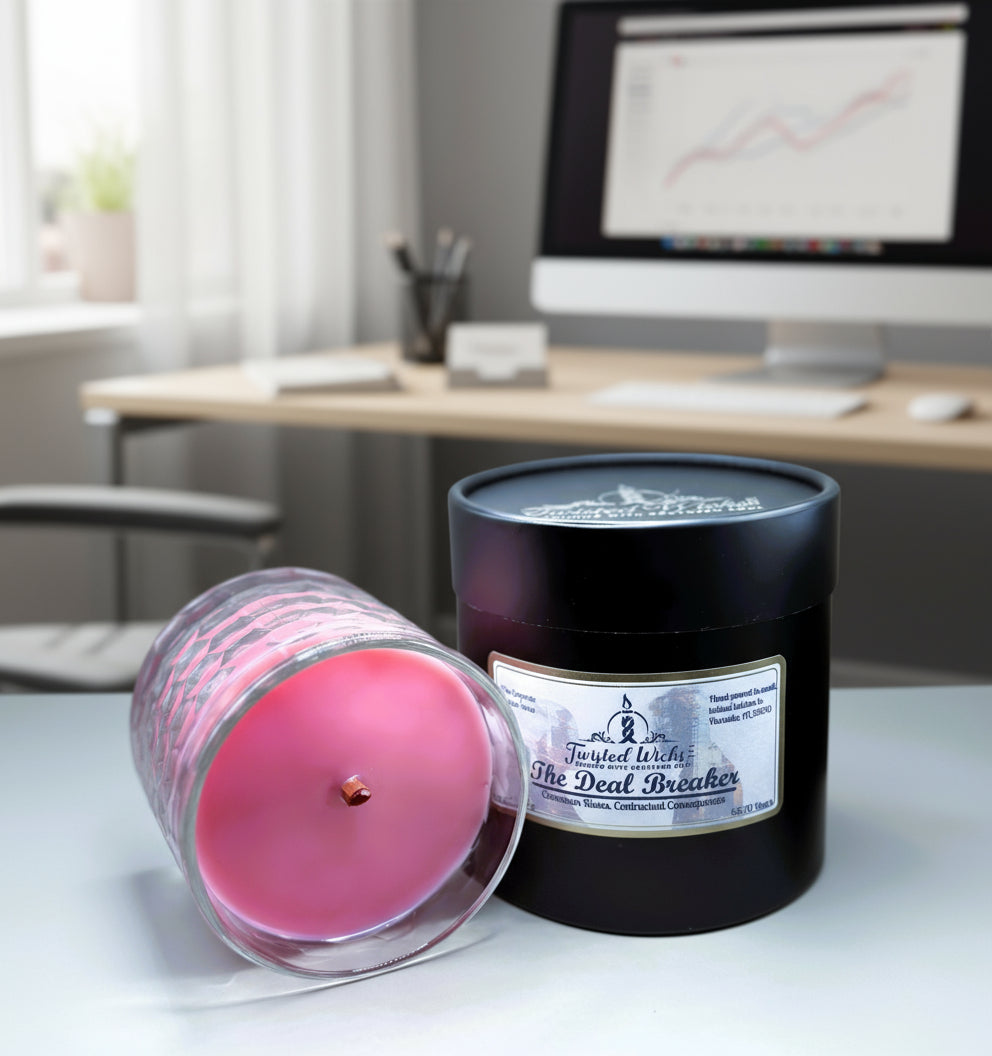 Pink candle in a glass jar with a black lid labeled 'The Deal Breaker' on a white background