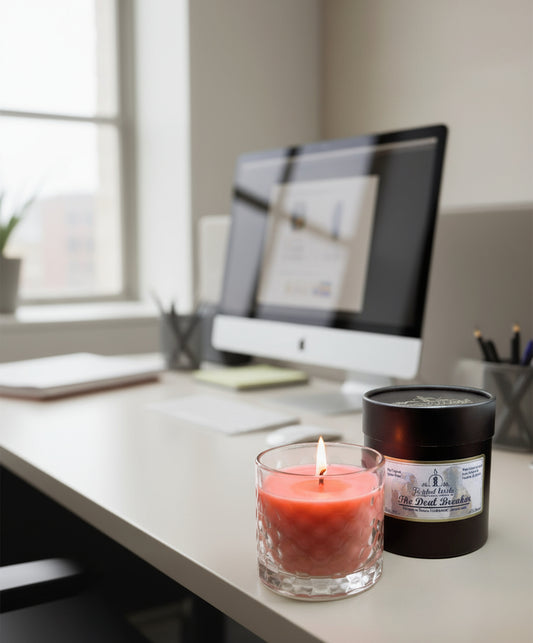 Pink candle in a glass container next to a black container labeled 'The Deal Breaker' on a light background