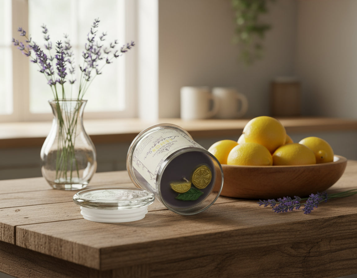 Scented candle sitting on it's side on a table with a bowl of lemons and a vase of lavender next to it.