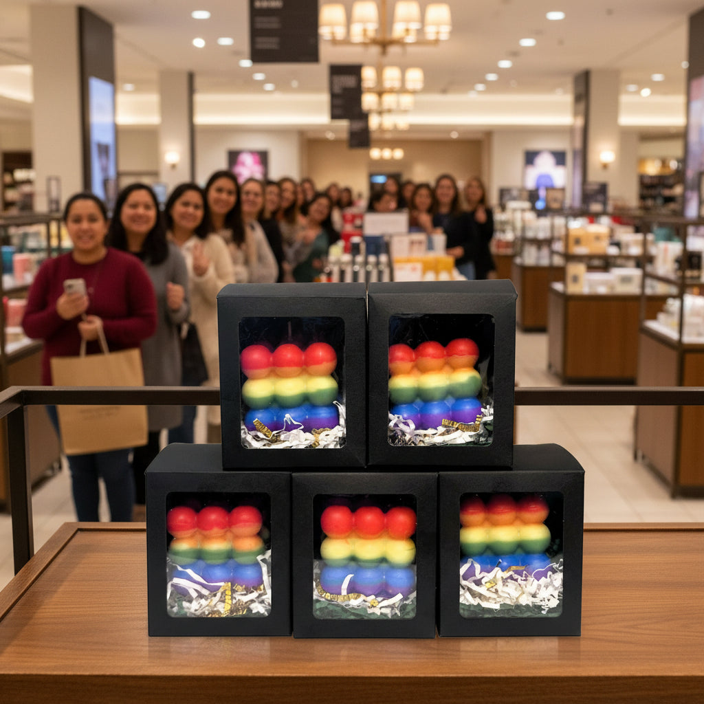 Five multicolored candles in black boxes sit on a display shelf and a line of customers has formed to purchase them.