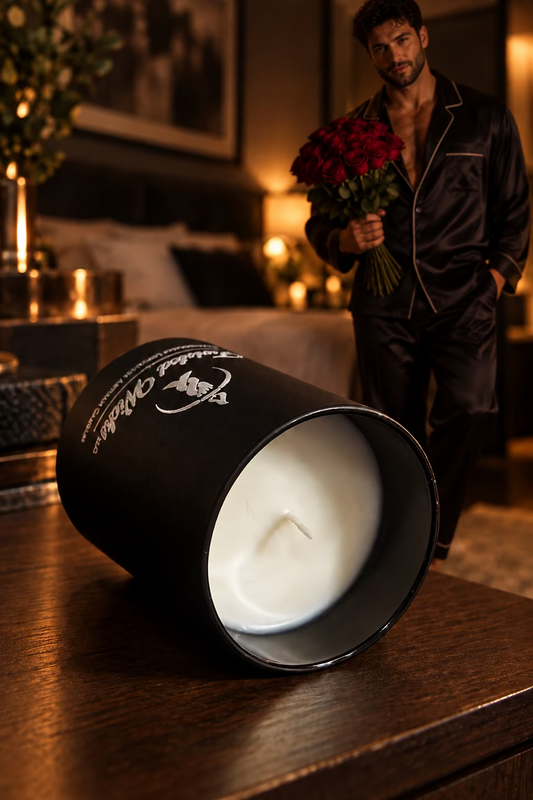 Well Suited 7oz artisan candle in a black glass tumbler with white wax and white Twisted Wicks logo on a dark wood surface. In the background, a man in grey sweatpants stands beside a bed.