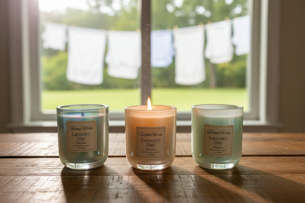 Three candles labeled 'Laundry Day' on a wooden surface with a window in the background.