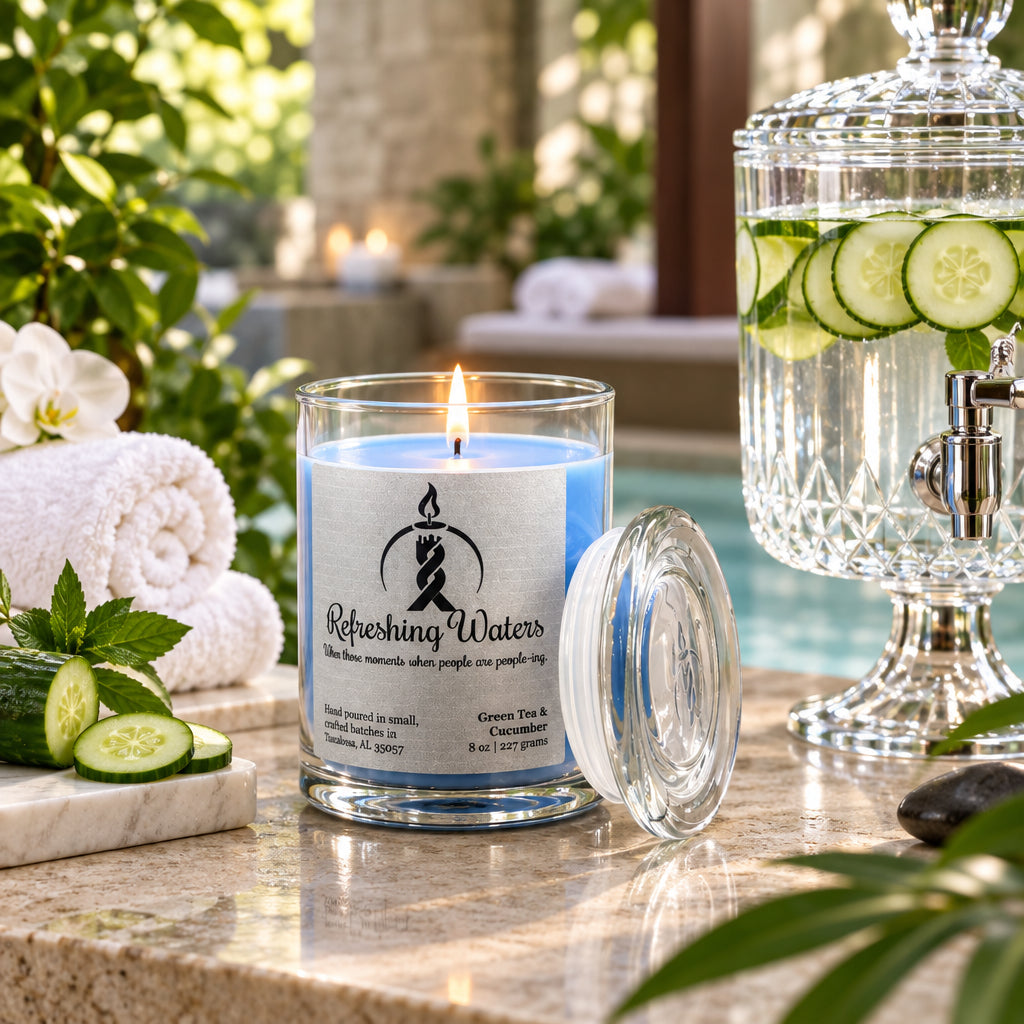 Lit Refreshing Waters 8oz candle in a clear glass jar with blue wax and label, lid beside it, cucumber spa backdrop