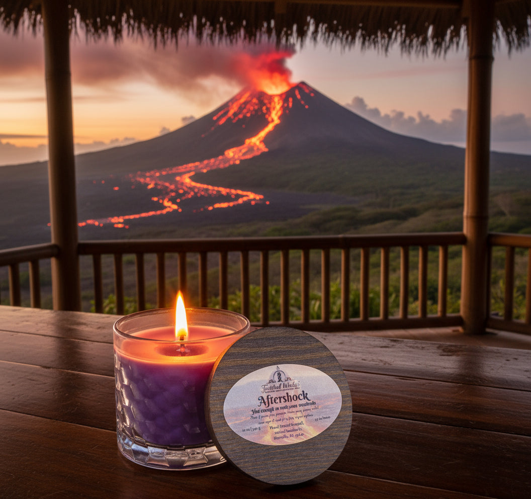 Purple candle with a wooden lid labeled 'Aftershock' on a white background