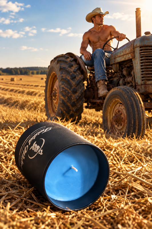 Blue Collar / Black Tie 7oz artisan candle in a black glass tumbler with glossy blue wax, set in a hayfield with a man in jeans and a cowboy hat sitting on an old tractor in the background