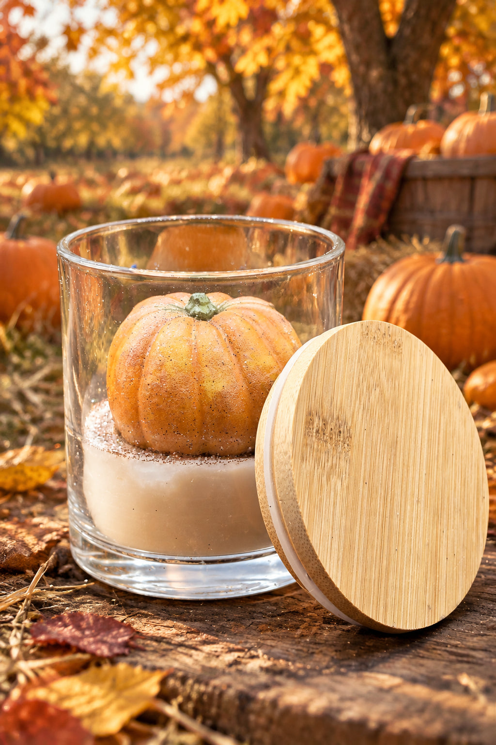 Fall Behavior wickless wax melt in a clear glass jar, an orange pumpkin-shaped Pumpkin Souffle wax tart sitting on a layer of cream Harvest Orchard wax, bamboo lid leaning beside it, in a pumpkin patch with fall leaves