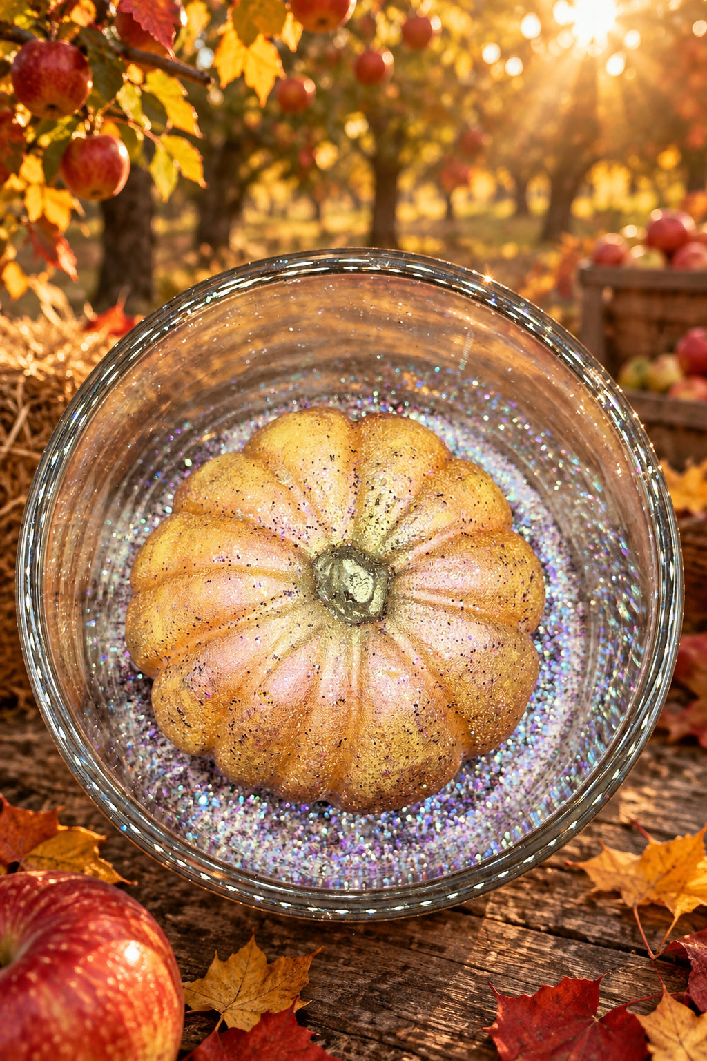 Fall Behavior wickless wax melt viewed through the open top of its clear glass jar, an orange pumpkin-shaped Pumpkin Souffle wax tart with gold shimmer sitting on glitter-dusted Harvest Orchard wax, in an apple orchard with fall leaves