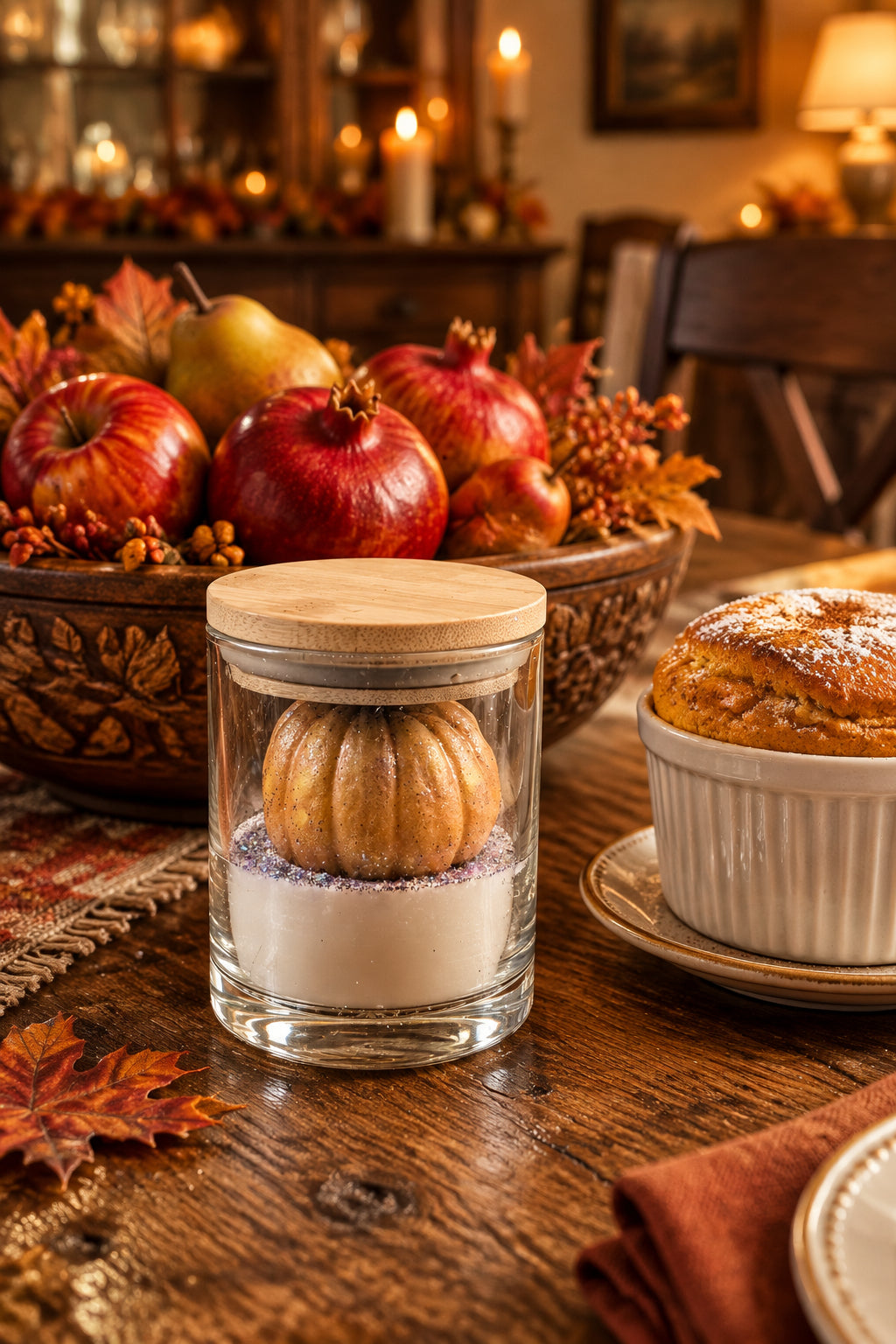 Fall Behavior wickless wax melt in a clear glass jar with bamboo lid on, an orange pumpkin-shaped Pumpkin Souffle wax tart sitting on a layer of cream Harvest Orchard wax, on a fall dinner table with a bowl of apples and pomegranates and a pumpkin souffle.