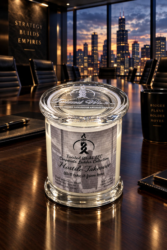 Hostile Takeover 8oz candle in a clear glass jar with lid on a boardroom table, city skyline at dusk behind it