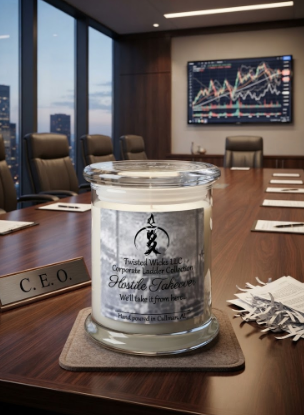 Hostile Takeover 8oz candle in a clear glass jar on a coaster at the head of a boardroom table, beside a C.E.O. nameplate and shredded paper