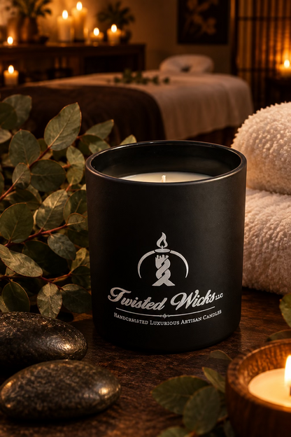Morning Reset 7oz artisan candle in a matte black glass tumbler with white wax and white Twisted Wicks logo