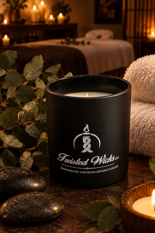 Morning Reset 7oz artisan candle in a matte black glass tumbler with white wax and white Twisted Wicks logo