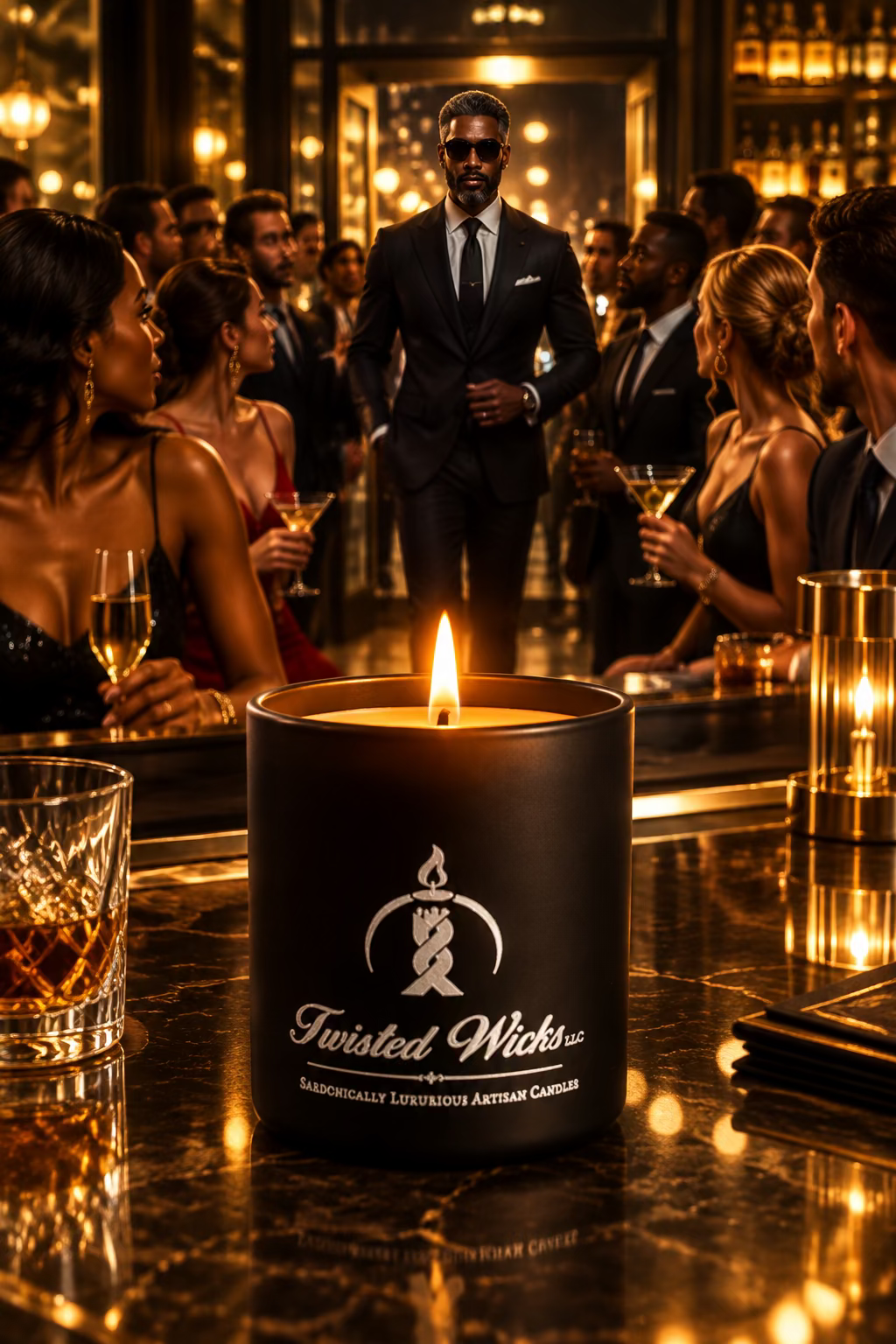 The Total Package 7oz artisan candle in a matte black glass tumbler with white Twisted Wicks logo. In the background, a man who is, in fact, the total package.