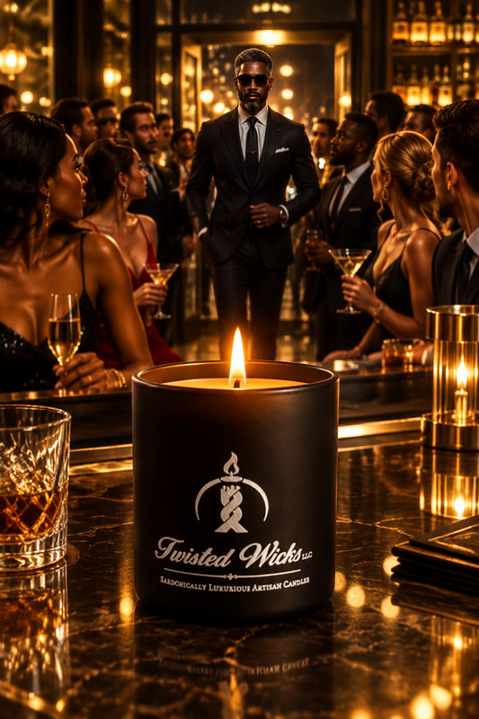 The Total Package 7oz artisan candle in a matte black glass tumbler with white Twisted Wicks logo. In the background, a man who is, in fact, the total package.