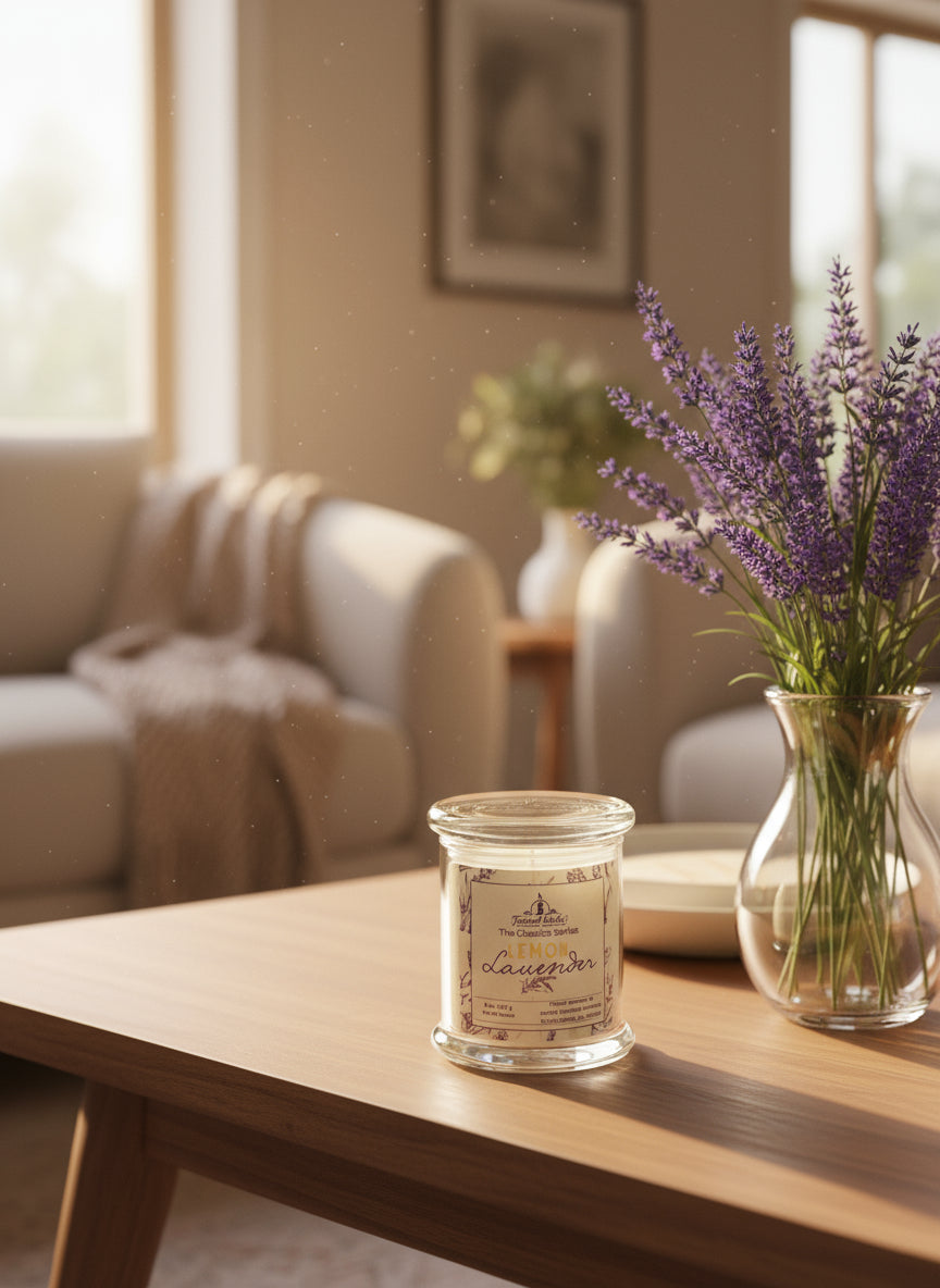 Candle in a glass jar labeled 'Lemon Lavender' with a white label on a gray surface.