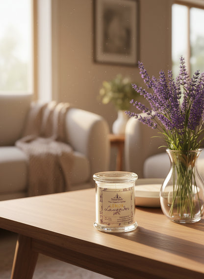 Candle in a glass jar labeled 'Lemon Lavender' with a white label on a gray surface.