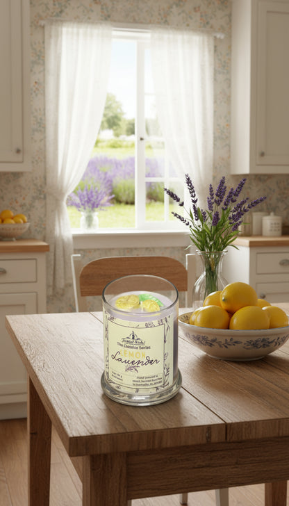 Candle with lemon and lavender design on a label, brand 'Twisted Wicks' visible