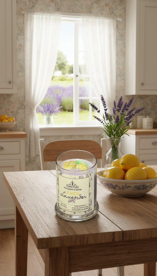 Candle with lemon and lavender design on a label, brand 'Twisted Wicks' visible
