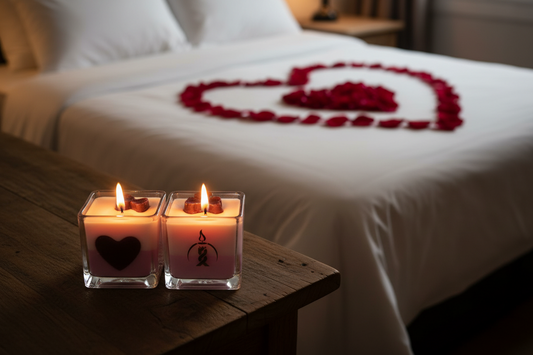 Two square glass candles with heart and candle design on a neutral background