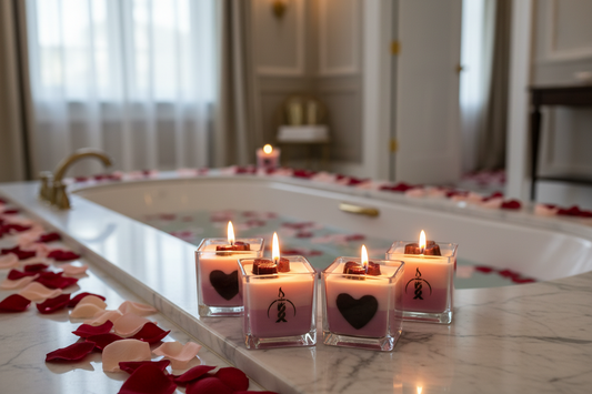 Pink candles with purple heart designs and logos on a gray surface.