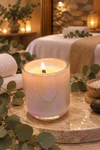 Deep Exhale 10oz artisan candle in a blush pink glass tumbler, set in a spa massage room with eucalyptus leaves in the background