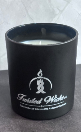 Refreshing Waters 7oz artisan candle in a matte black glass tumbler with white Twisted Wicks logo