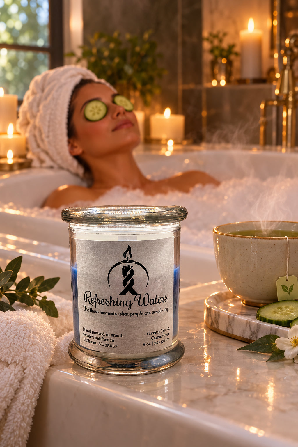 Refreshing Waters 8oz candle in a glass jar with lid, on a bathtub ledge with a woman in a bubble bath wearing cucumber eye slices