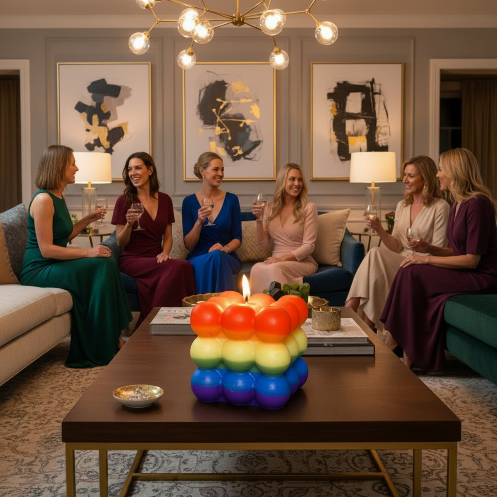 A multicolored lit candle is in the forefront of the frame. Six ladies dressed in different colored dresses sit on sofas drinking wine in a living room are in the background.  