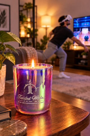 Lit VR Vacay 10oz artisan candle in an iridescent glass tumbler with white Twisted Wicks logo, with a man in a VR headset bowling in the living room behind it