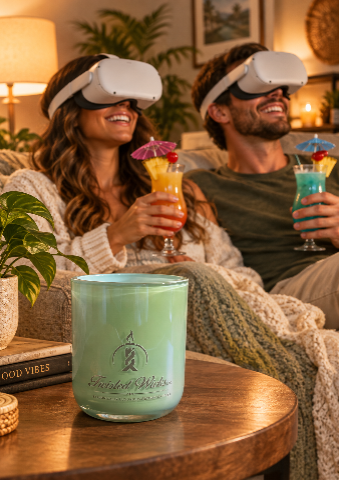 VR Vacay 10oz artisan candle in a seafoam glass tumbler with white Twisted Wicks logo, with a couple in VR headsets holding tropical drinks in the background