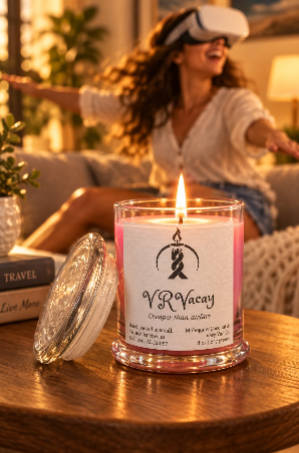 Lit VR Vacay 8oz candle in a clear glass jar with pink wax and white label, lid beside it, with a woman in a VR headset on a couch in the background