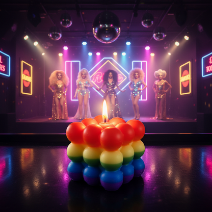 curvy square lit candle, set center of a dance floor with five drag queens in the background surrounded by neon lights. 