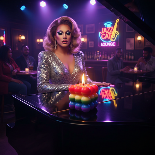 a lit multicolored spherical square candle is sitting on the edge of a piano. A drag queen sits at the piano and people sitting at tables with a neon sign that reads The Jazz Cat Lounge is in the background. 