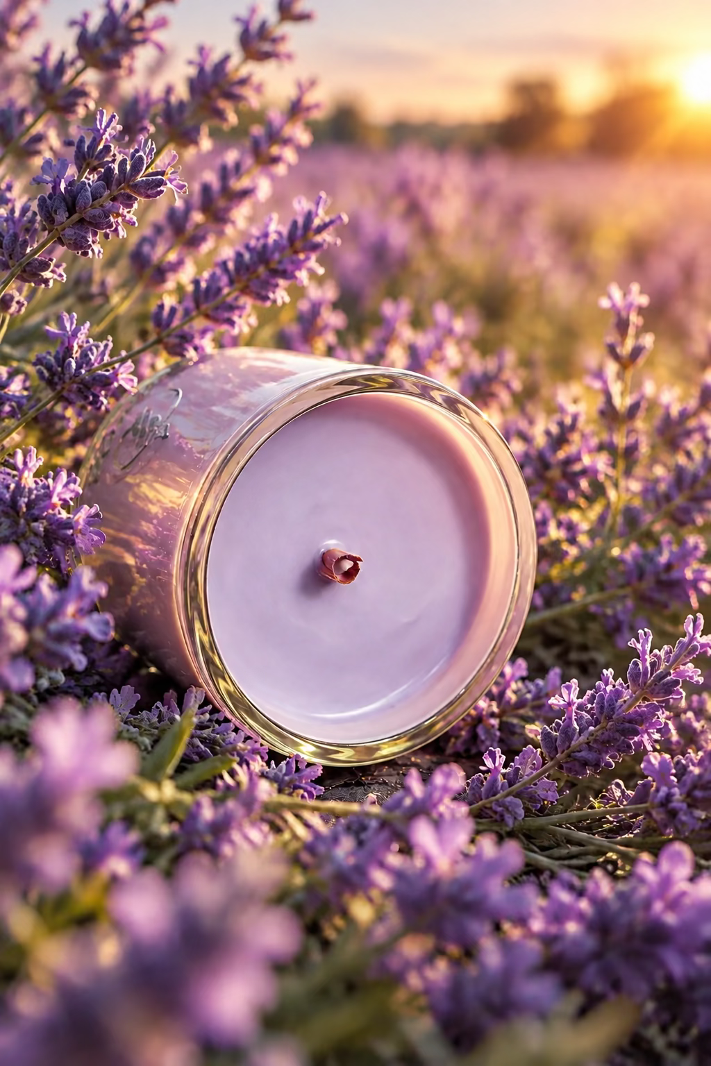 The Wind Down 10oz artisan candle in a blush pink glass tumbler with lavender wax, lying on its side to show the wick and wax surface
